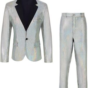 Men's Silver/Rainbow Reflective Blazer and Pants Set with Velvet Collar  (70s)